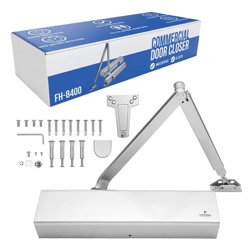 FORTSTRONG Commercial Door Closer FH-8400 Heavy Duty Adjustable Grade 1 Standard Automatic Door Closing Hinge - ADA Compliant UL & CUL UL10C Listed - Aluminium Finish - High Traffic (Silver) - Image 1